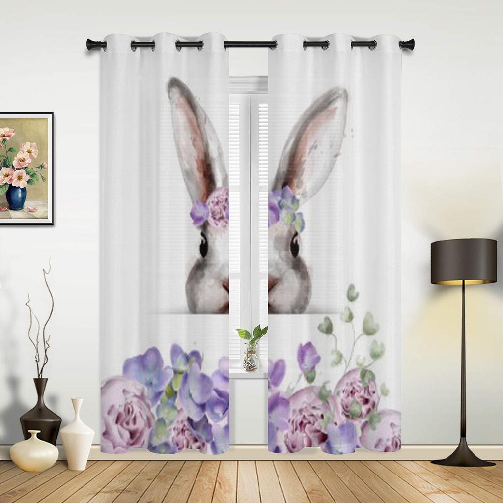 Modern Window Curtains Bunny Rabbit with Flowers Watercolor Luxury Fashion Curtains for Living Room Bedroom Kitchen Drapes