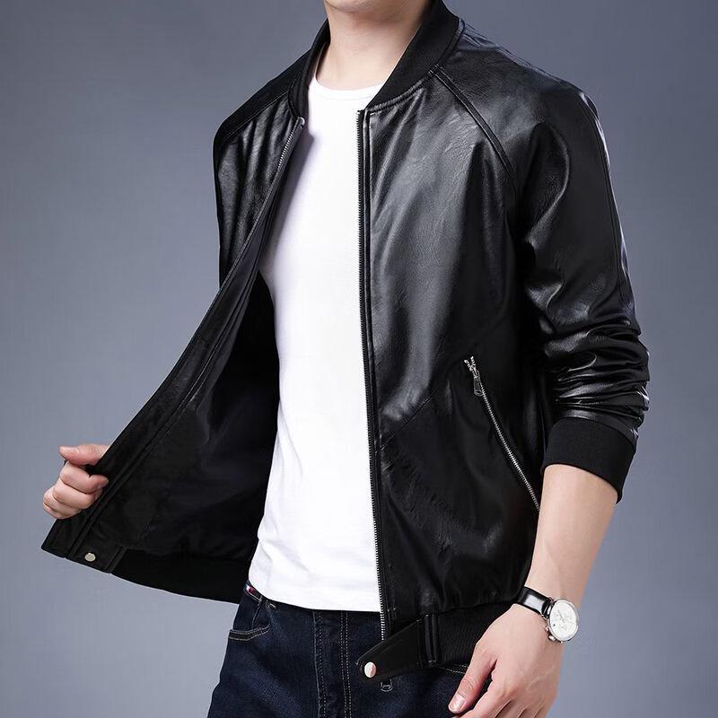 ROMON Men's Slim-fit Baseball Collar Faux Leather Jacket