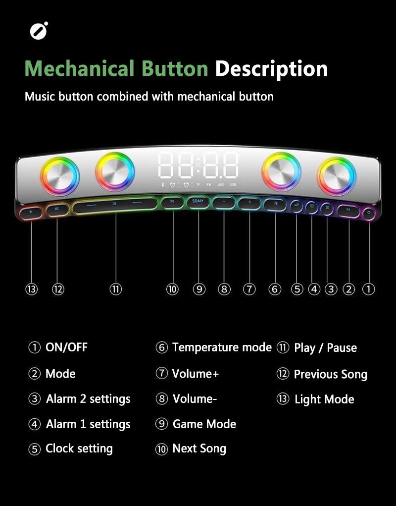 Altavoz de juego inalámbrico con Bluetooth, barra de sonido LED 3D estéreo, Subwoofer AUX FM, reloj para el hogar, barra de sonido interior, altavoz para ordenador, 3600mAh