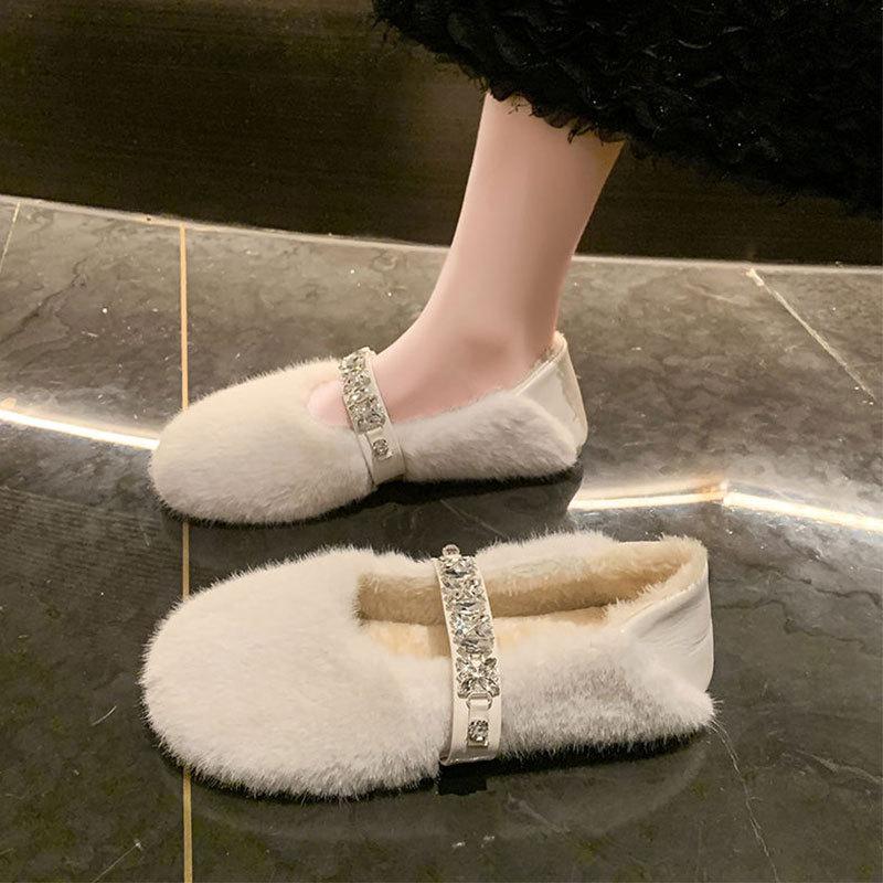 Internet celebrity flat Mary Jane Mao Mao single shoes women's shoes 2025 new autumn and winter wear warm velvet cotton shoes