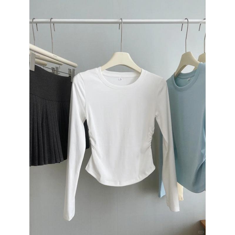 Spring new card waist pleated T-shirt women's inner top pure desire style bm front shoulder thin long-sleeved bottoming shirt