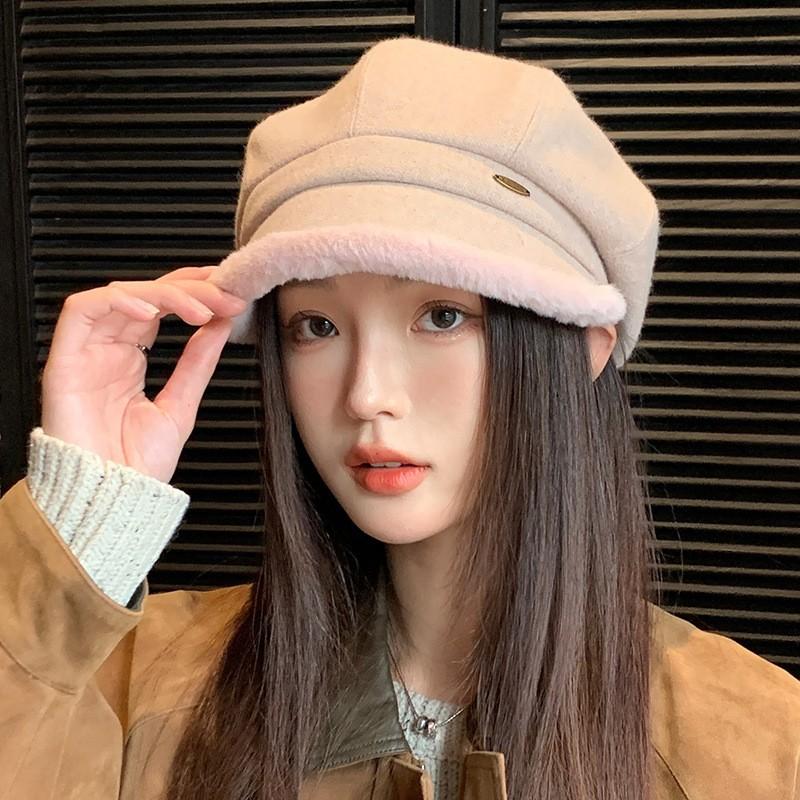 Winter Women's Fleece Lined Beret Hat Thickened Knitted Octagonal Cap with Brim