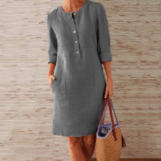 Casual Women Loose Solid Color Buttons Cotton Linen Long Sleeve Midi Dress