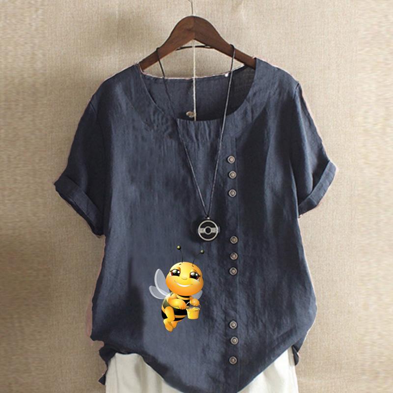 Damenmode T-Shirt mit Honigbienen-Print, Rundhalsausschnitt, kurzärmelig, lässig, Baumwolle, Leinen, Grafik, Freizeit, lockere Sommerbluse