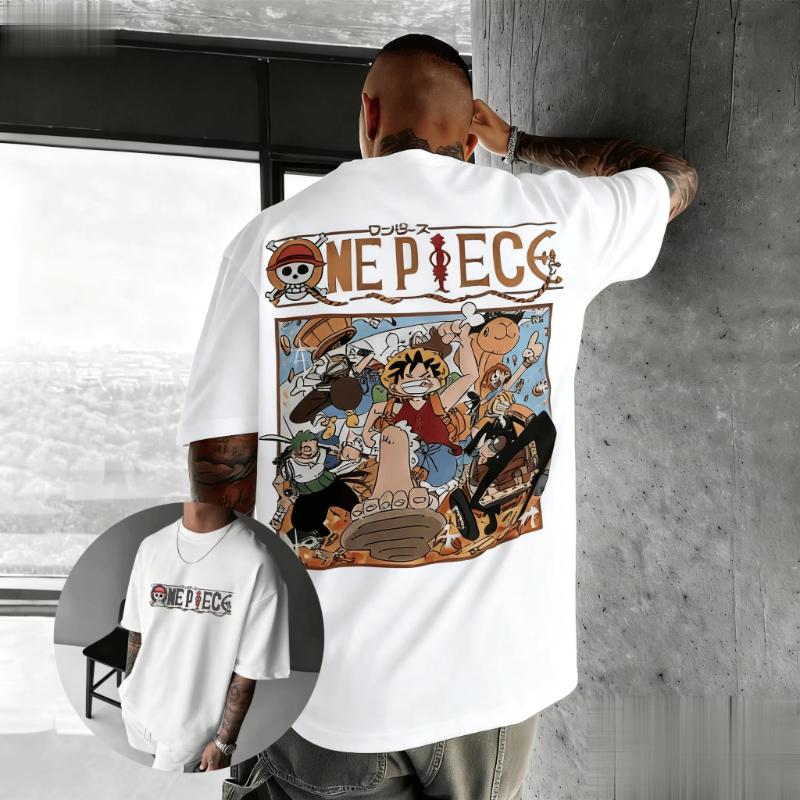T-shirt Estiva One Piece Anime da Uomo in Cotone a Manica Corta con Stampa Grafica Luffy Equipaggio Pirata Streetwear Top Casual Cartone Animato Vintage