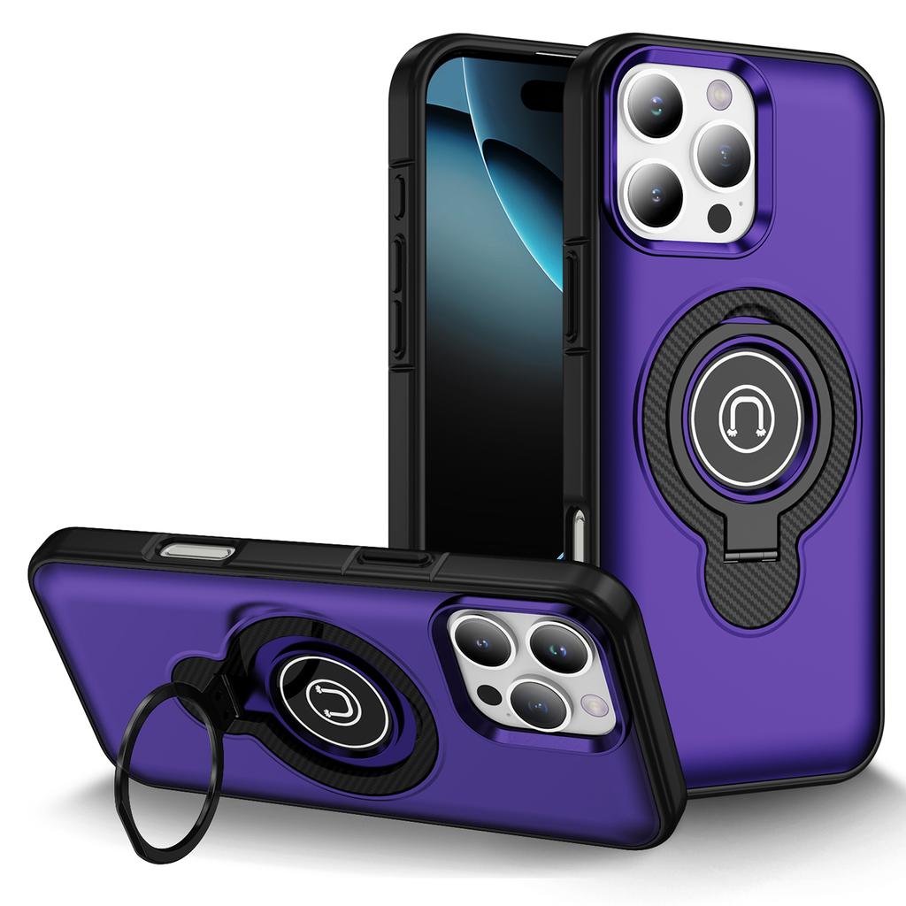For iPhone 16 Pro Max Case TPU+PC Magnetic Car Mount Phone Cover with Ring Kickstand