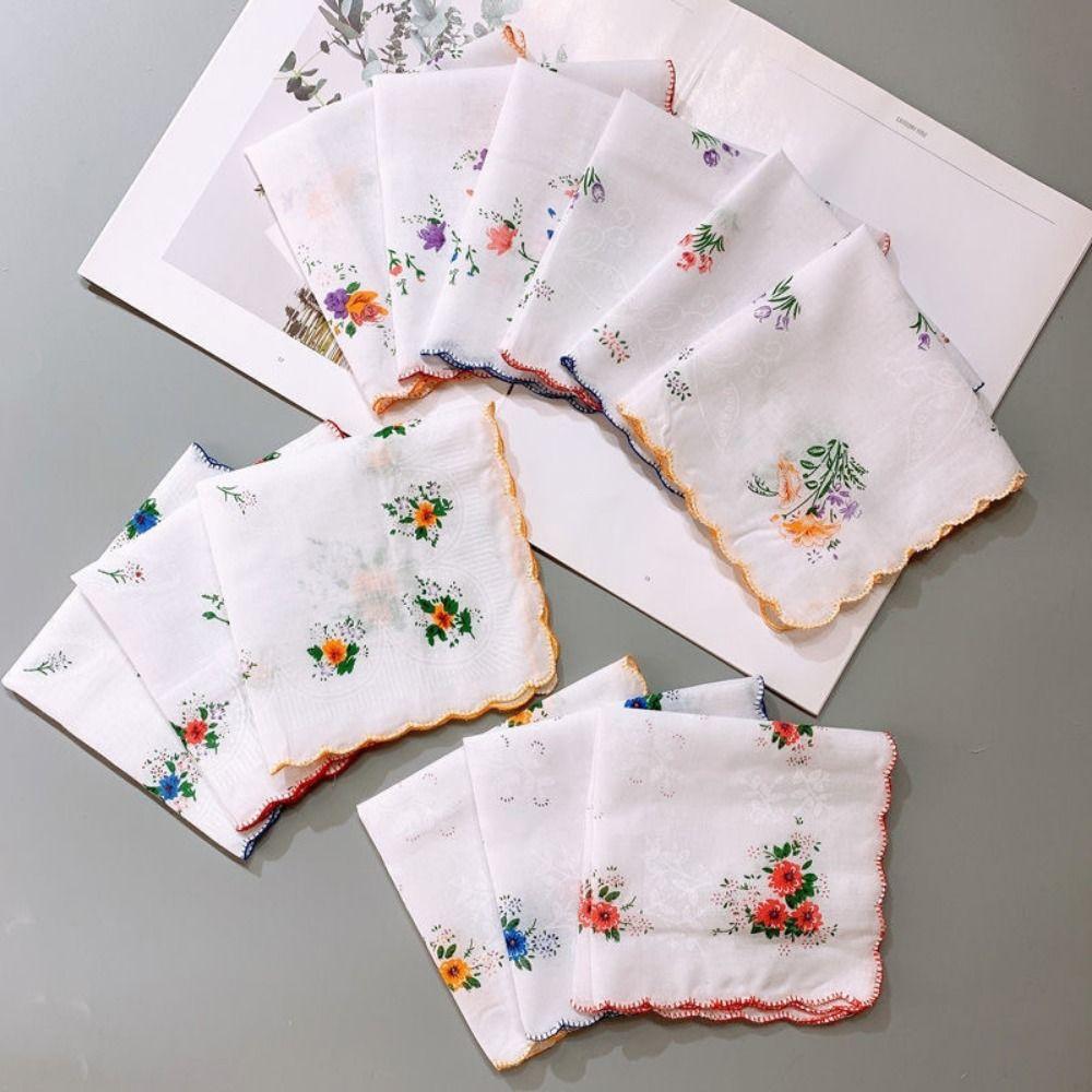 12Pcs Vintage Style Women's Printed Handkerchiefs Sweat Absorbent Breathable Square Hand Towel 28x28cm Lightweight