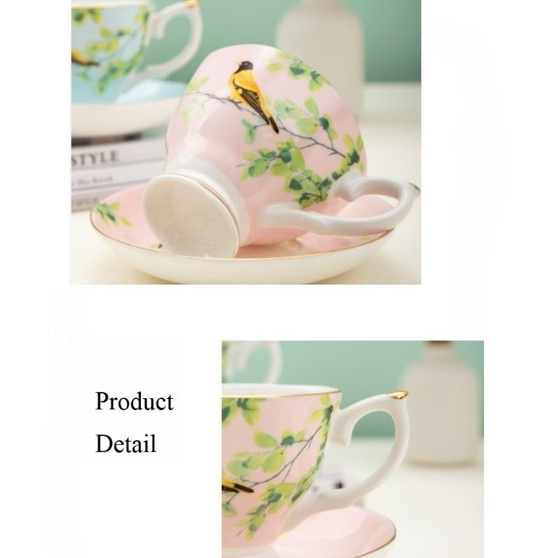 Luxury Gold Rim Bone China Tea Cup and Saucers, Elegant Floral Butterfly Coffee Mug Tableware Set, Bird on Branches Bone China Coffee Cup for Home