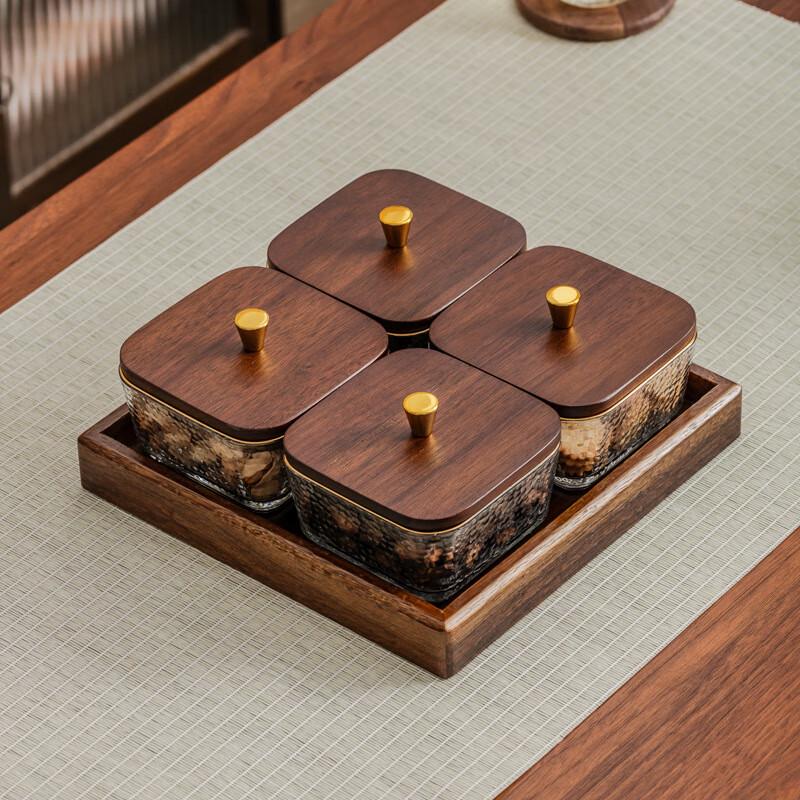 New Chinese Style Walnut Wood Glass Fruit Plate Four-Compartment Glass Bowl with Lid