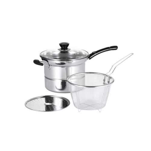 

Deep saucepan with colander, perfect for pasta, soba, ramen, and other dishes. This versatile 22cm pot features a glass lid, a stainless steel constru