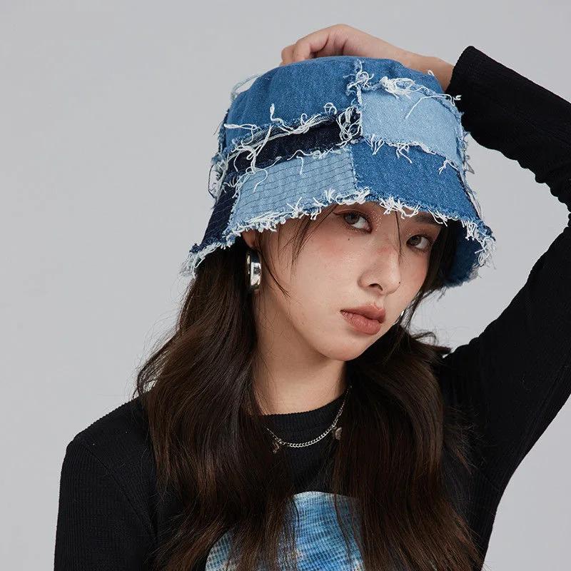Japanese Niche Designer Bucket Hat Showing Small Face Retro Beggar Style Splicing Contrasting Color Denim Basin Caps for Women