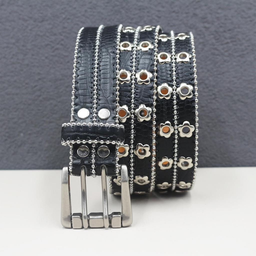 Men's and Women's European & American Punk Style Leather Belt with Flower Rivet and Eyelet Design