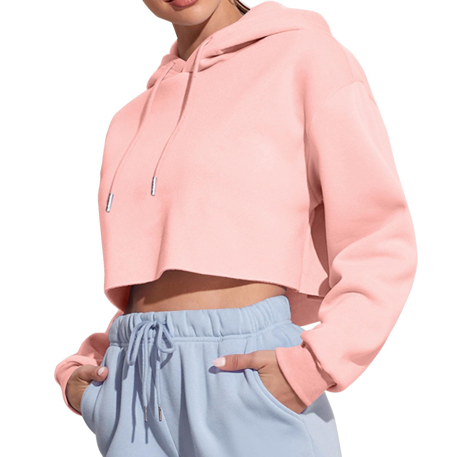 

Женская толстовка с капюшоном и пуловером, однотонная короткая модная толстовка с длинным рукавом S розовый