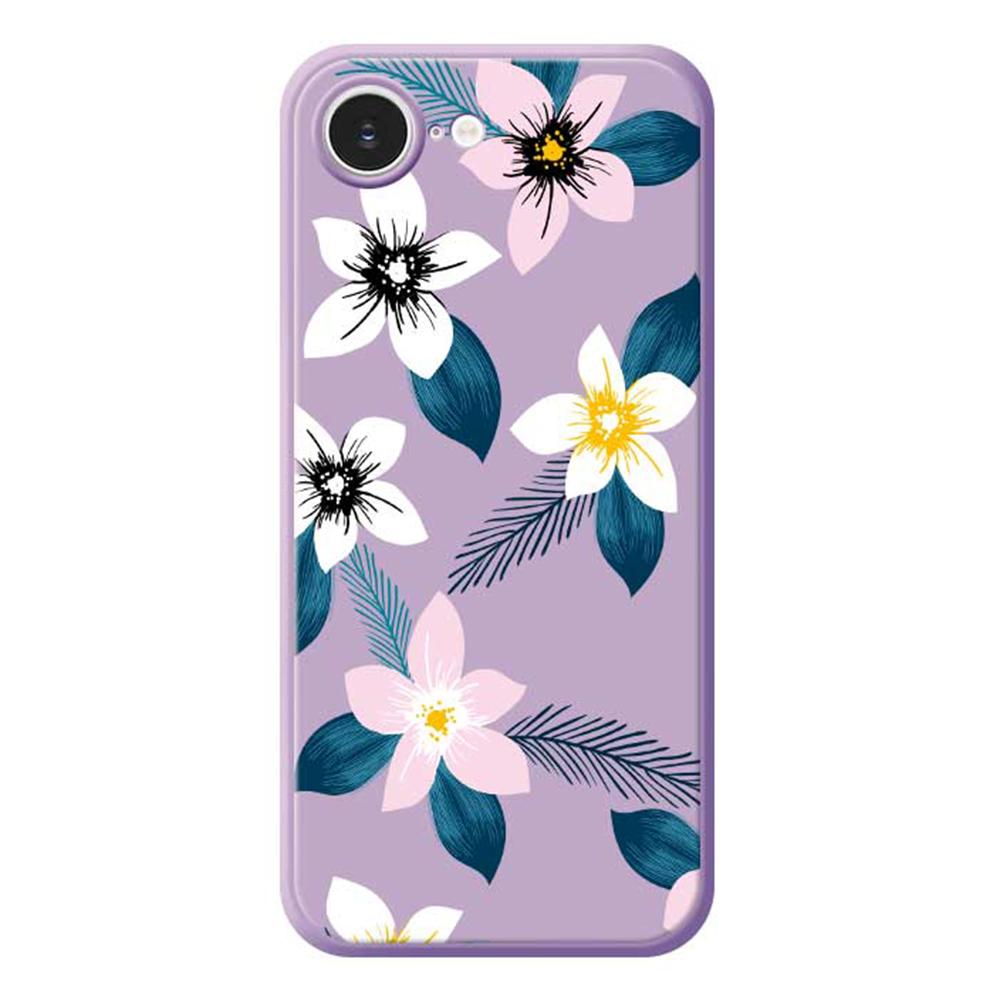 For iPhone 16e Case Pink White Flowers Blue Leaves Pattern Printing Straight Edge TPU Phone Back Cover