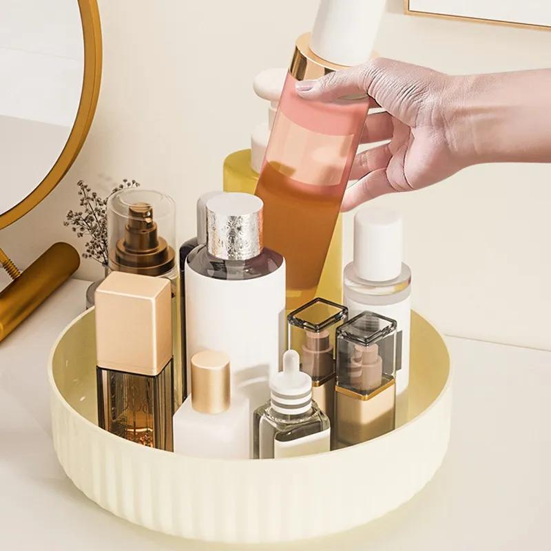 Cremefarbener Desktop-Kosmetik-Aufbewahrungsbox im Stil, drehbar, aus Acryl, für Schmink- und Hautpflegeprodukte, Badezimmer-Waschbecken, Haushalt, tragbares Aufbewahrungsregal Ya411