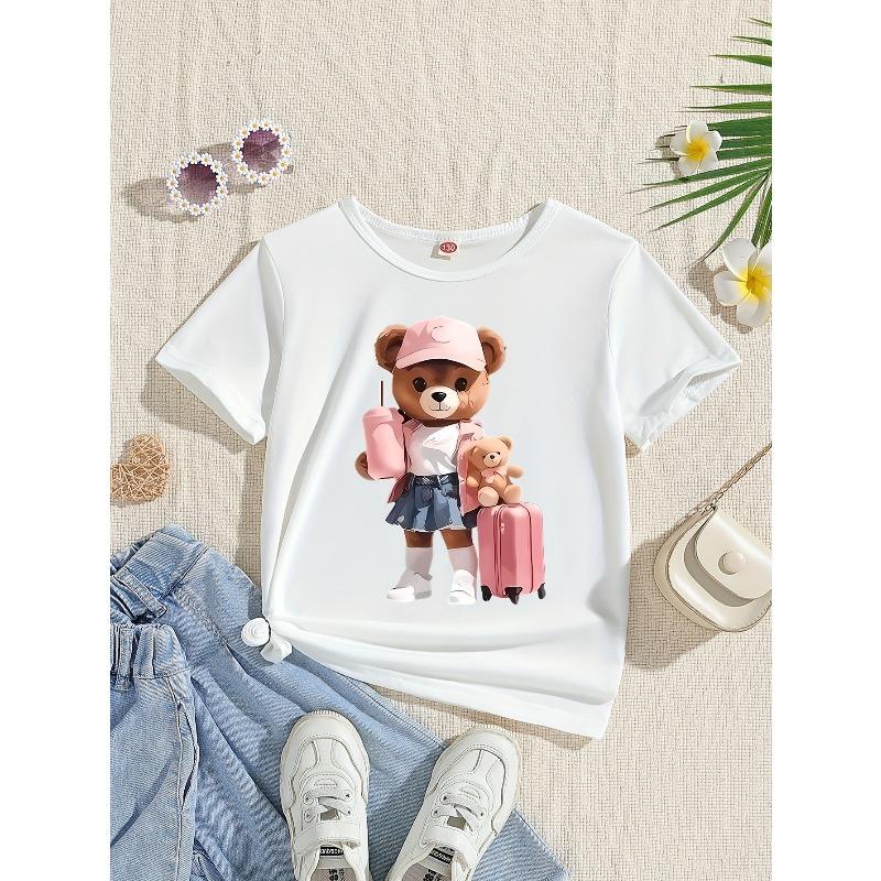 

European sizes Bear print girls round neck casual knit short sleeve T-shirt comfortable and soft 164cm білий