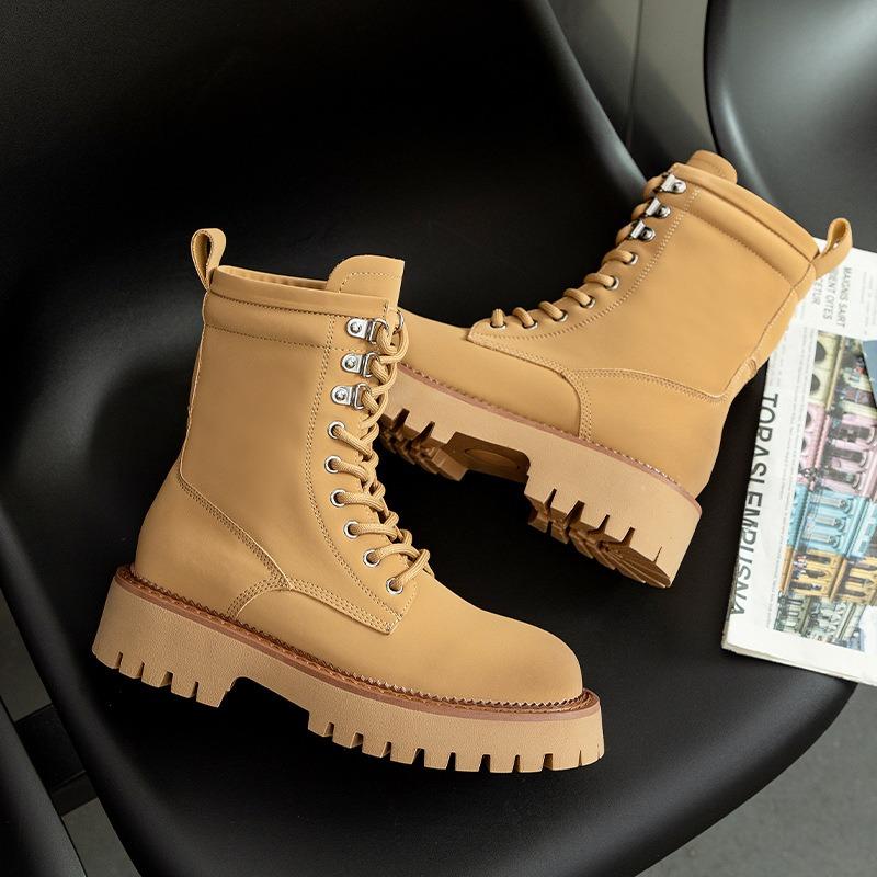 Leather Martin boots women's autumn new rhubarb boots thick-soled inner height-increasing medium boots women