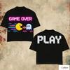 Oversized Black Cotton TShirt with Bold Cartoon Skateboarder Graphic and Abstract Skate Wheel Design Unisex Streetwear Tee