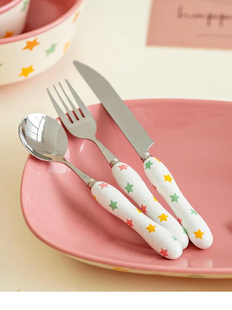 

Ins Retro Color Polka Dot Spoon 304 Ceramic Handle Stainless Steel Spoon Fork Knife Set Steak Tableware