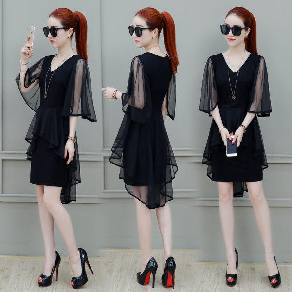 

Fat sister summer new large size women s clothing short sleeve mesh V neck fat MM thin dress foreign style 3XL чорний