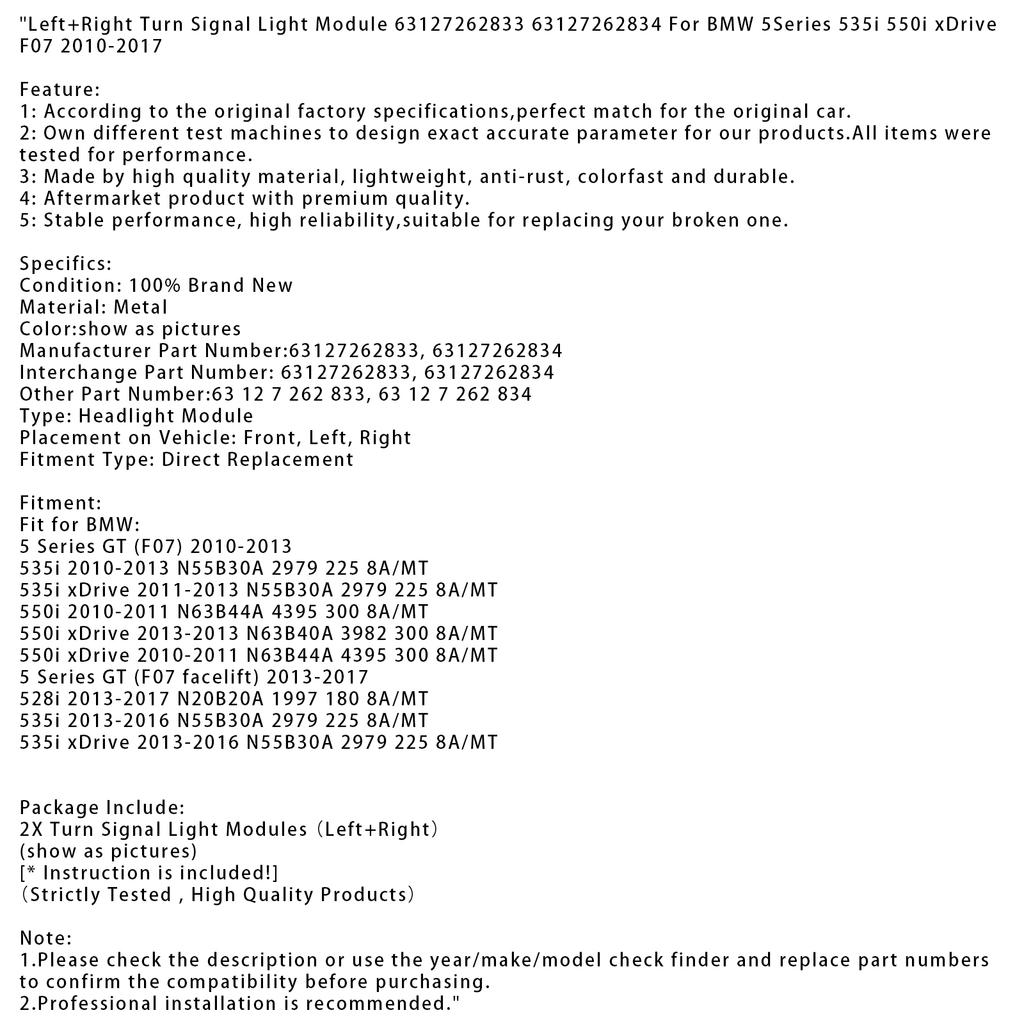 Left+Right Turn Signal Light Module For BMW 5Series 535i 550i xDrive F07 10-17