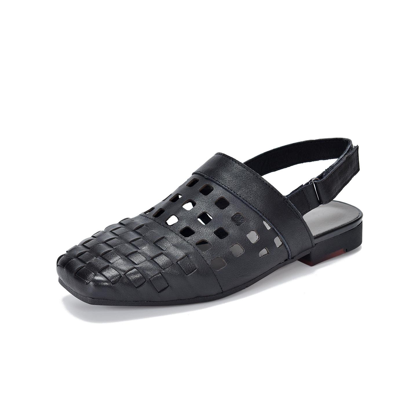 

Johnature Real Leather Low Heel Sandals Woven Hollow Out Versatile Square Toe Commuting Women s Shoes 36 чёрный