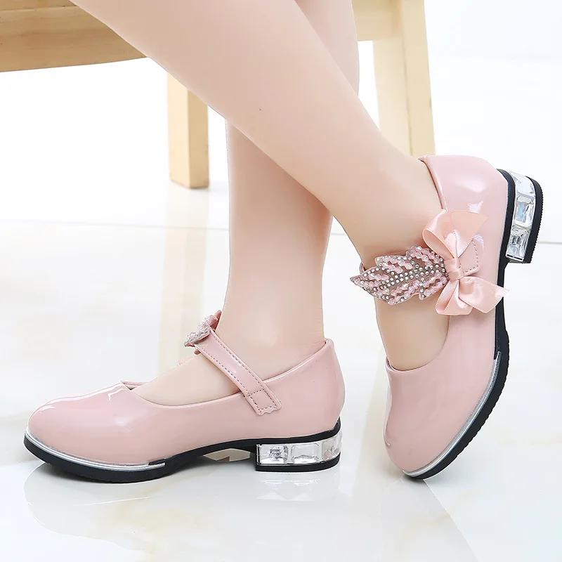 Kids Princess Shoes Solid Color Formal Versatile Girls Leather Shoes with Sweet Bow New Children Dance Dress Shoe for Party