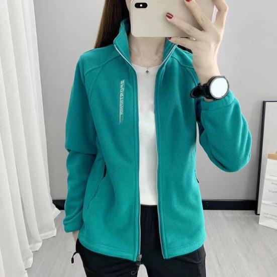 Women Coat Stand Collar Zip-up Polar Fleece Sport Style Long Sleeves Zipperes Pockets Solid Color Thick Plush Jacket