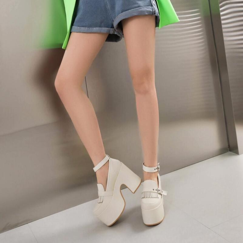 FOREADA Women Pu Leather Pumps Super High Hoof Heels Round Toe Ankle Strap Buckle Party Punk Style Spring Autumn Shoes White