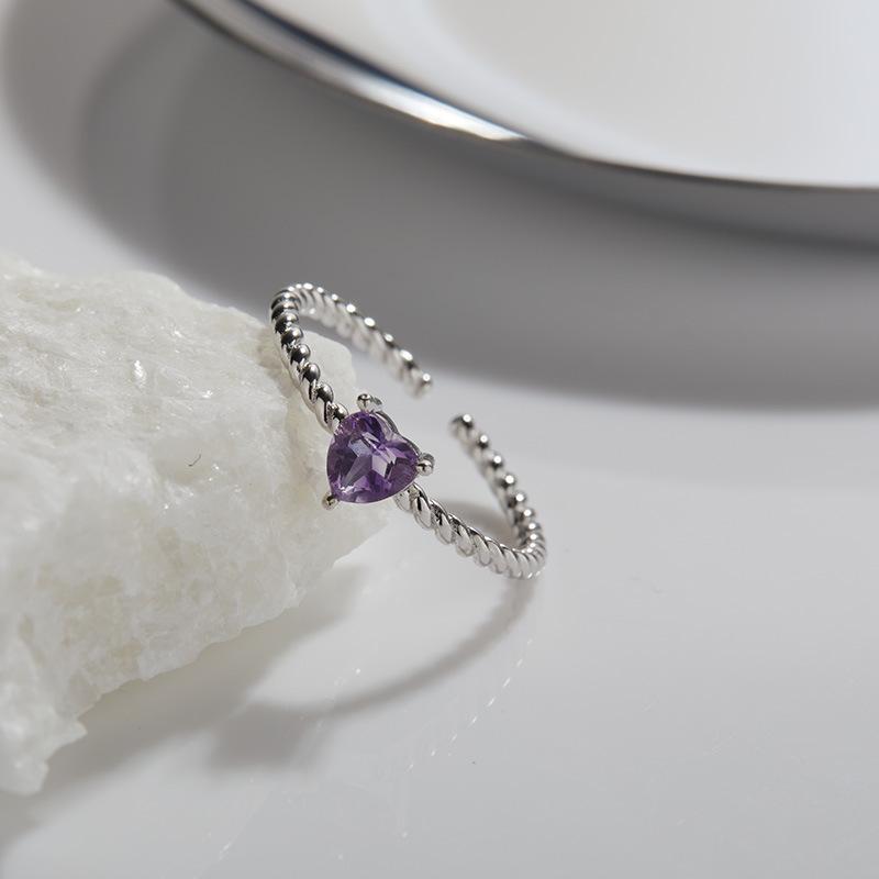 Personalized Simple Love Heart-Shaped Natural Color Treasure S925 Sterling Silver Ring Women'S Natural Garnet Topaz Open Ring