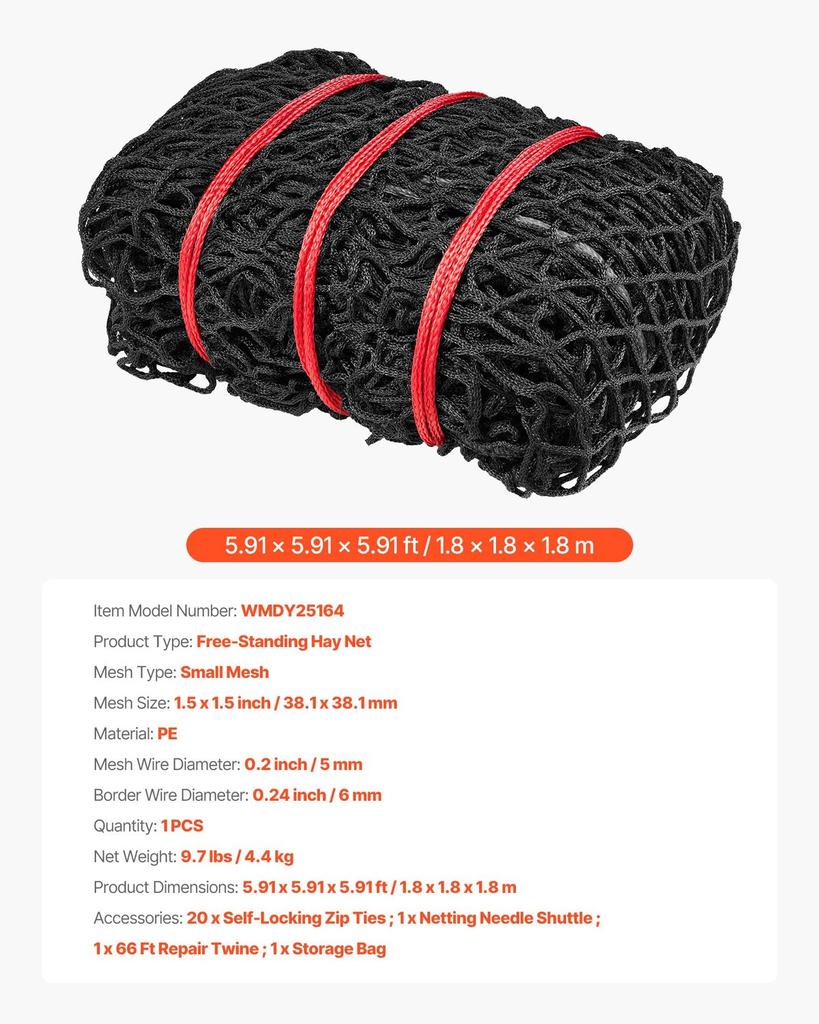 Round Bale Hay Net, 1.8 x 1.8 x 1.8 m, 38.1 x 38.1 mm Holes, PE Material, Knotless Design, with Zip Ties, Needle Shuttle, Repair Twine and Storage