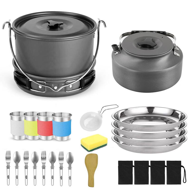 ZISIZ Outdoor Camping Cookware Set with Hanging Pot and Teapot