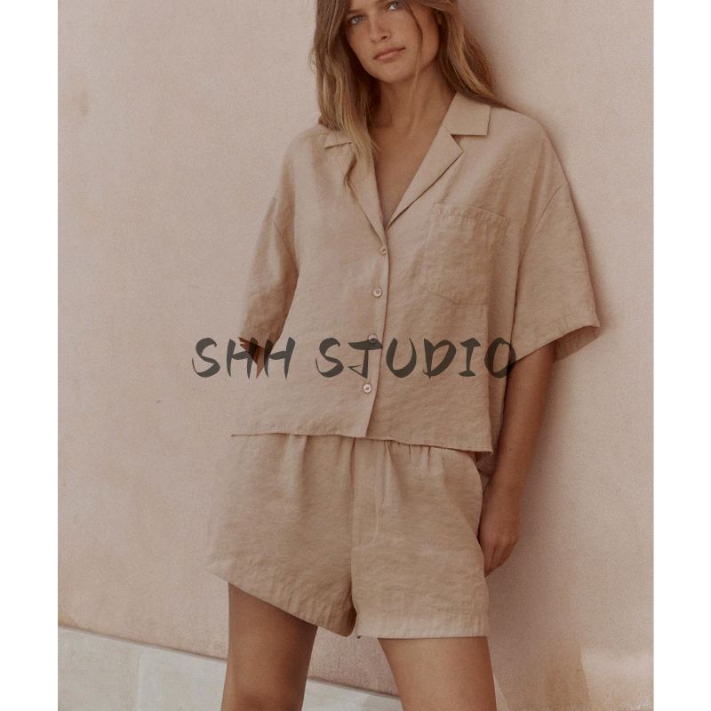 Paste Pocket Decoration Short sleeve Vertical V-neck Shirts 3718119 Mini Vertical Comfortable Mid Waist Shorts 3067431