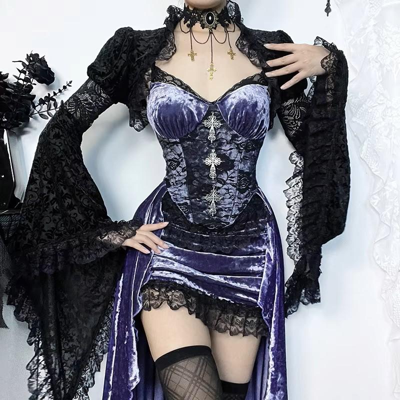 Gothic Goth Dark Victoria Velvet A-line Dress Female Elegant Lolita Partywear Grunge Sling Lace Hem Cloth