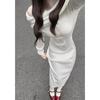 [] One-word shoulder knitted dress, early autumn off-the-shoulder long-sleeved temperament, slim-fitting design, gentle wind long dress