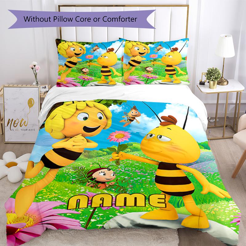 3pcs Custom Name Maya the Bee Bedding Set Duvet Cover Closure Includes 1 Duvet Cover & 2 Pillowcases, Soft and Comfortable for All Seasons.