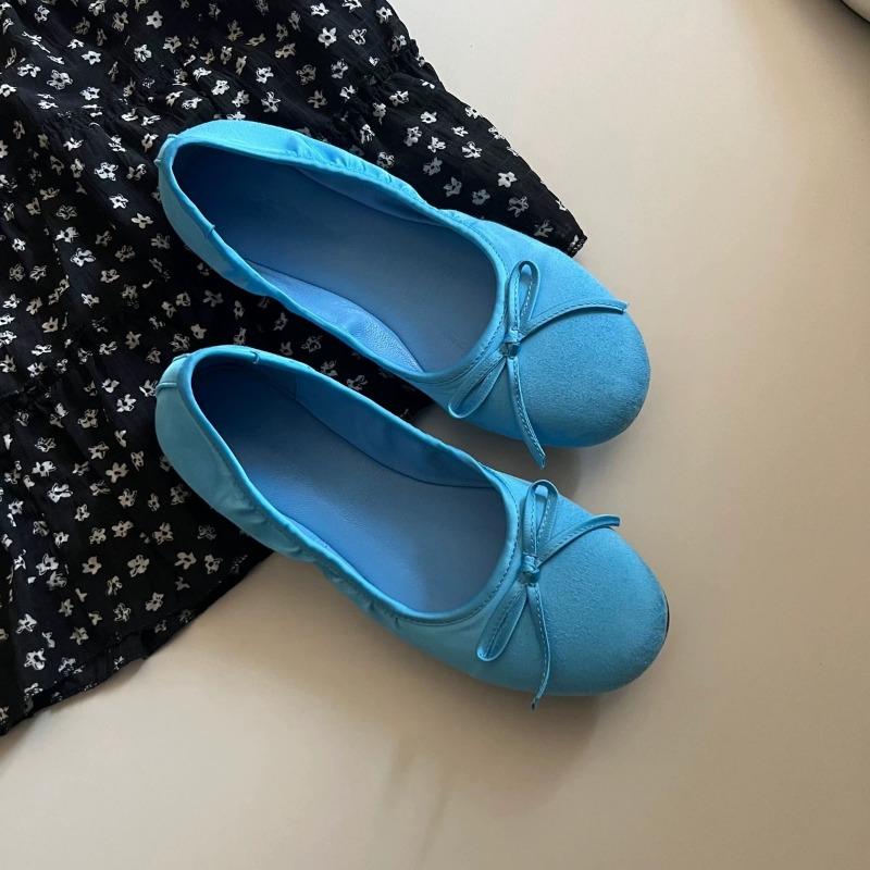 Silk Bow Ballet Shoes Women's Round Head Light Mouth Flat Bottom One Pedal Soft Sole Silver Mary Jane Shoes