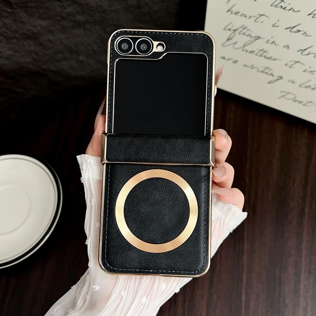 Electroplating Retro Cowhide Pattern Wireless Charging Magnetic Suction Samsung Zflip1/1/1/1/1 Folding Mobile Phone Case Anti-drop