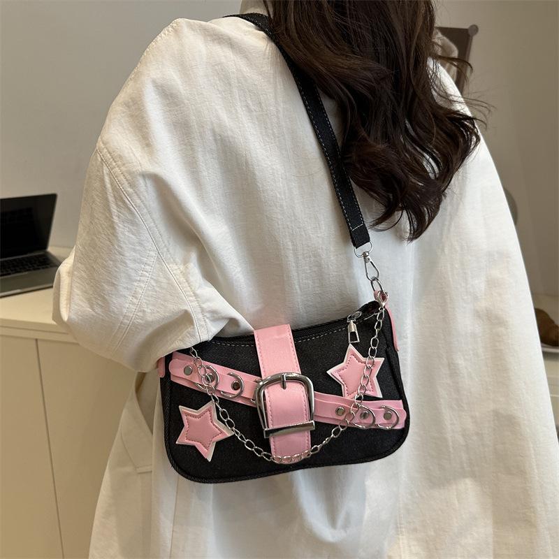 Modna jeansowa torebka na ramię z łańcuszkiem i nitami w kształcie gwiazdy dla kobiet - Jesień 2025