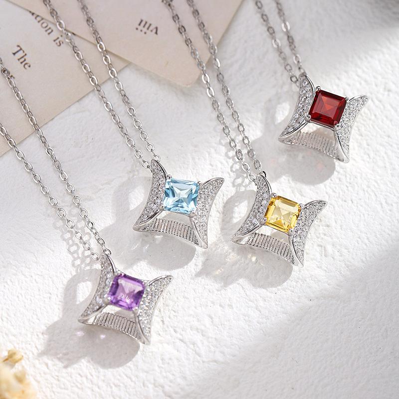 S925 reines Silber natürliche gelbe Granat Halskette, quadratischer Sternförmiger Kristall Anhänger, luxuriöser Schmuck mit gebürsteter Handwerkskunst, Geschenk