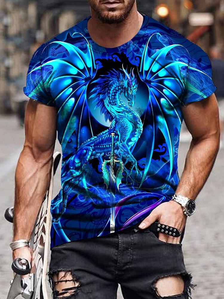 New Summer Daily Casual Men's Tops Street Fashion Dragon And Skull Printed Men's T-shirt Outdoor Sports Light Mens Tee