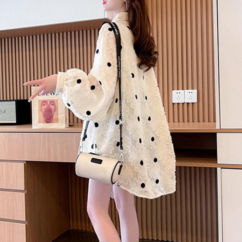 Women's Polka Dot Lapel Mesh Mesh Loose Single Breasted Long Sleeve Shirt