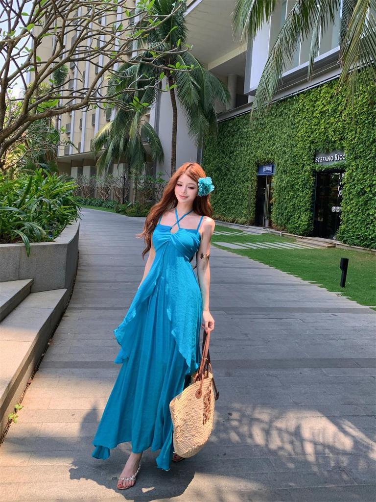 Sanya island beautiful beach dress summer blue neck halter dress femininity thin seaside vacation
