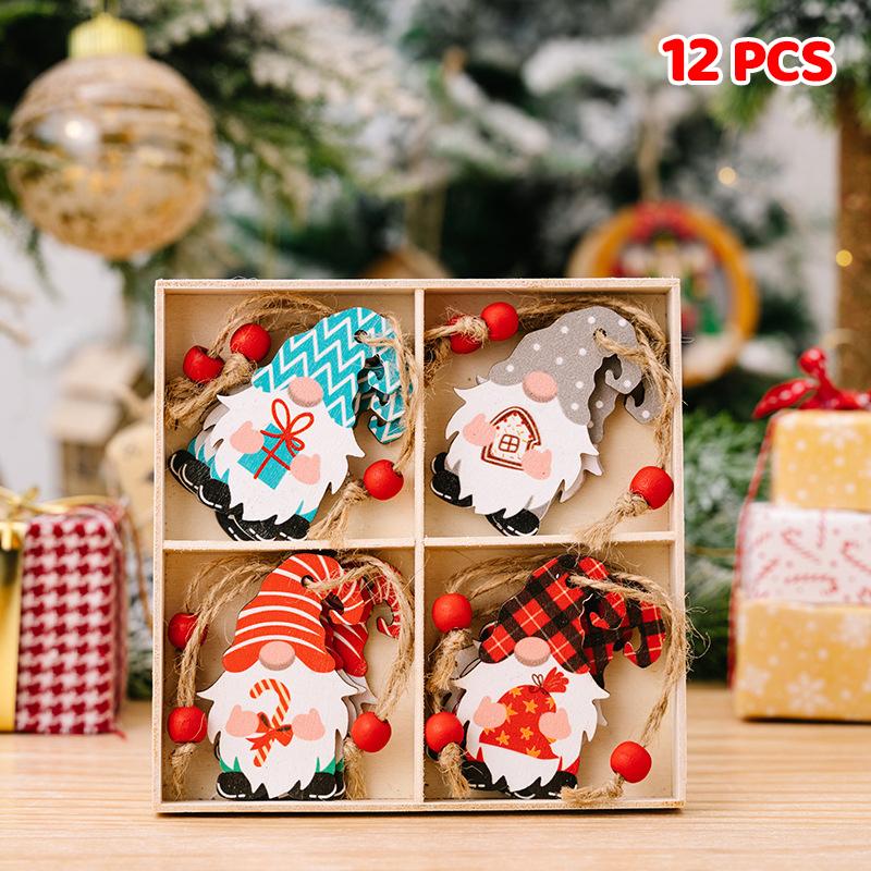 9/12PCS Wooden Christmas Decorations Set - Pure Wood Pendants Xmas Tree Ornaments