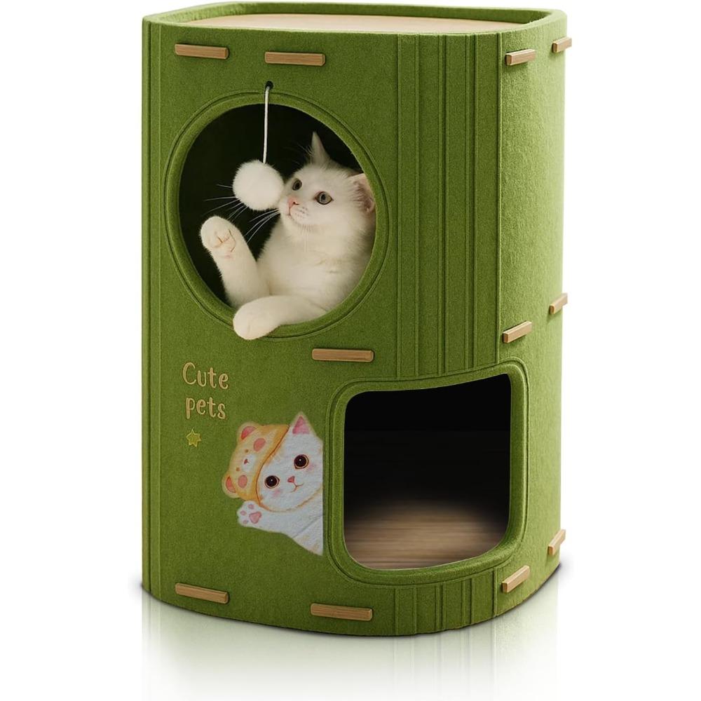 Cat House for Indoor Cats – 2-Tier Cat Condo Cave with Plush Ball, Soft Cushion & Peek Hole – Cozy Kitten Bed and Cat Furniture for Play, Rest & Hide