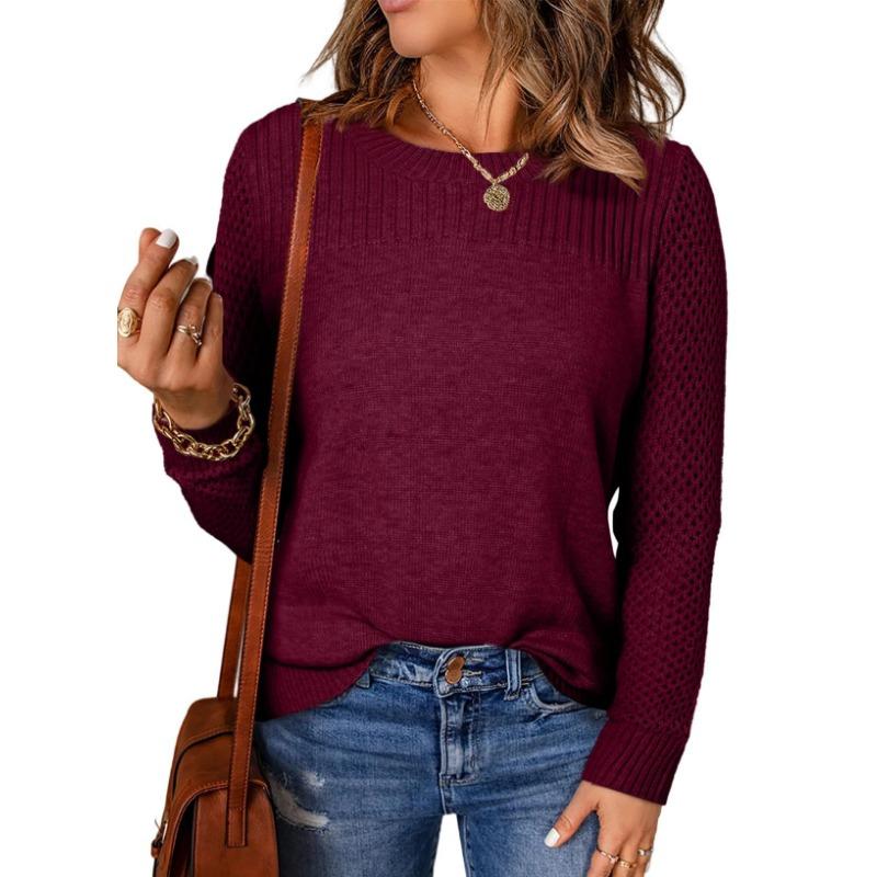Höst och Vinter Dam Plus Size Rund Hals Långärmad Enfärgad Stickad Tröja Trådad Ihålig Botten Tröja