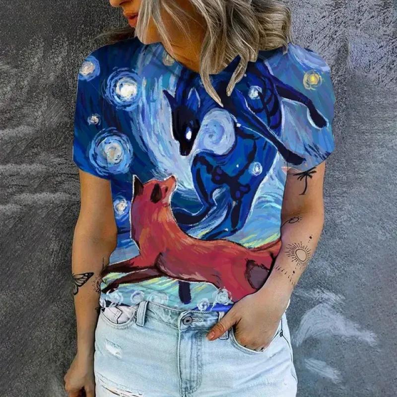 Tricou Elegant de Damă 2024 Fashion Imprimeu Model Pisici Tricou Popular de Damă cu Mânecă Scurtă Tricou de Vară Supradimensionat