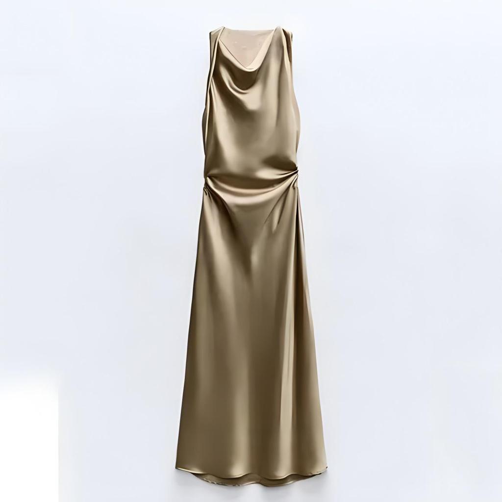 European and American Women's Satin Mid-length Dress with Ruched Waist and Cowl Neck.