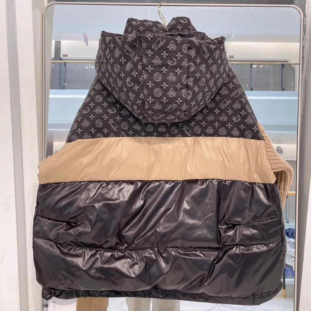 New Trendy Brand Denim Splicing Hooded Down Jacket Women's Knitted Sleeves Letter Flower Thickened White Duck Down Jacket