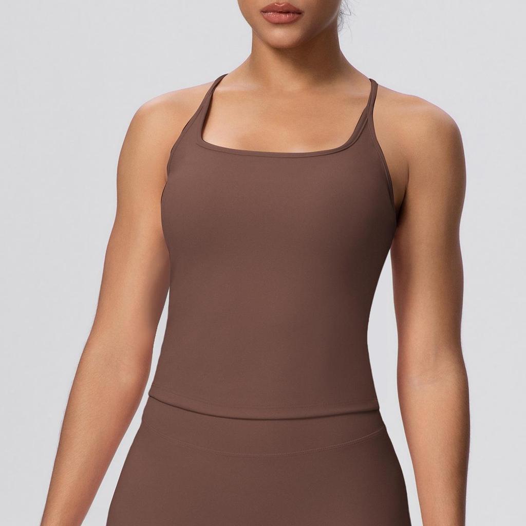 Solid Color Cross-Back Yoga Tank with Chest Pads - Quick-Dry, Fitted Sports Top
